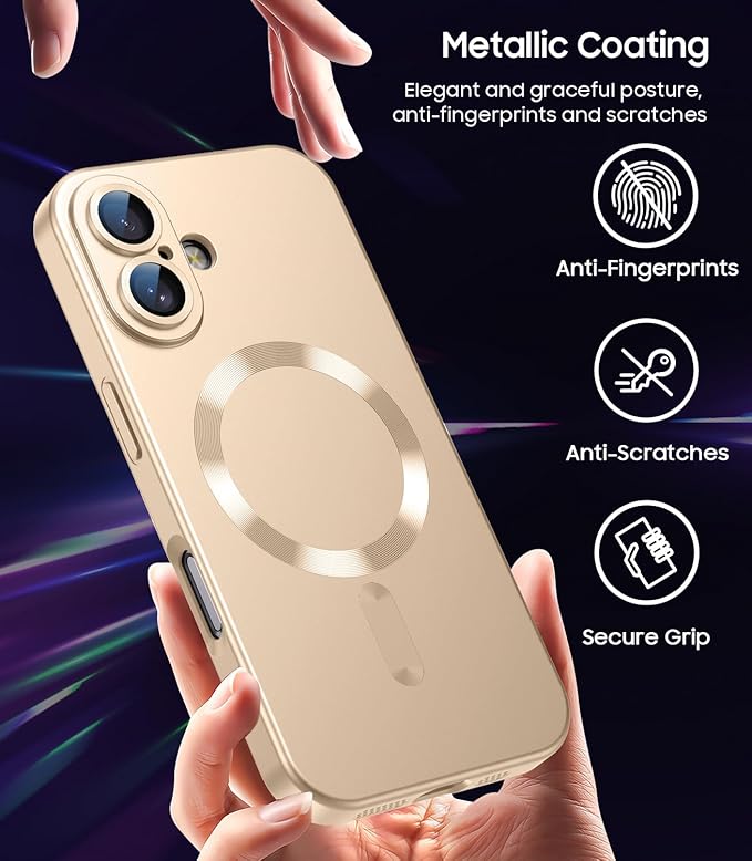 Magnetic for iPhone 16 Plus Case [Compatible with MagSafe][Built-in Camera Lens Protector] Slim Soft Silicone Bumper Shockproof Metallic Luster Phone Case (Gold)