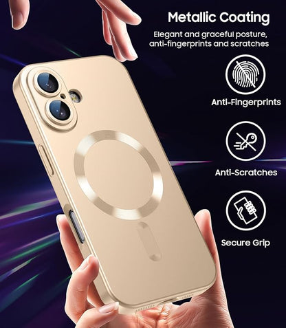 Magnetic for iPhone 16 Plus Case [Compatible with MagSafe][Built-in Camera Lens Protector] Slim Soft Silicone Bumper Shockproof Metallic Luster Phone Case (Gold)