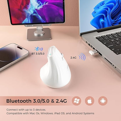 KYSONA Ergonomic Mouse Wireless, Bluetooth Vertical Mouse, 5-Level Adjustable DPI, 2.4G Silent Switch Mice for Windows, MacOS, IPadOS, Laptop, PC, White