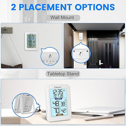 Geevon Digital Hygrometer Indoor Outdoor Thermometer Wireless with Clock, Backlight Temperature Gauge Humidity Monitor, Inside Outside Thermometer with 200ft/60m Range Remote Sensor,White