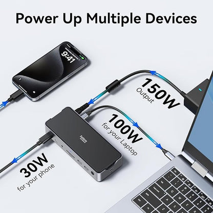 USB C Docking Station 3 Monitors Laptop Dock Dual Monitor with 2 HDMI DisplayPort 4K144Hz,USB A 2.0/3.0,USB C 3.1 10Gbps&30W Output,Ethernet,MicroSD&SD,Audio&Mic,150W DC Power for Dell/Lenovo/HP
