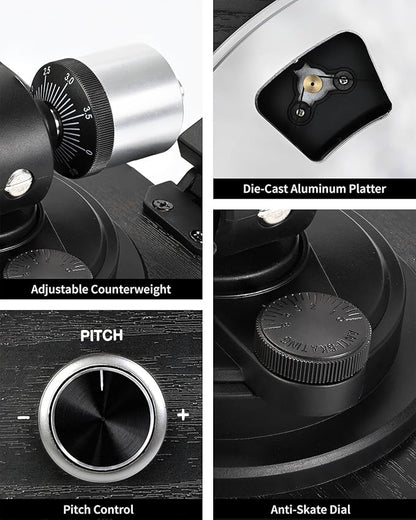 Turntable Vinyl Record Player Support Bluetooth Output Phono/Line Switch Pitch Control with Pre-Installed Counterweight & Magnetic Cartridge, Belt Drive 2 Speed