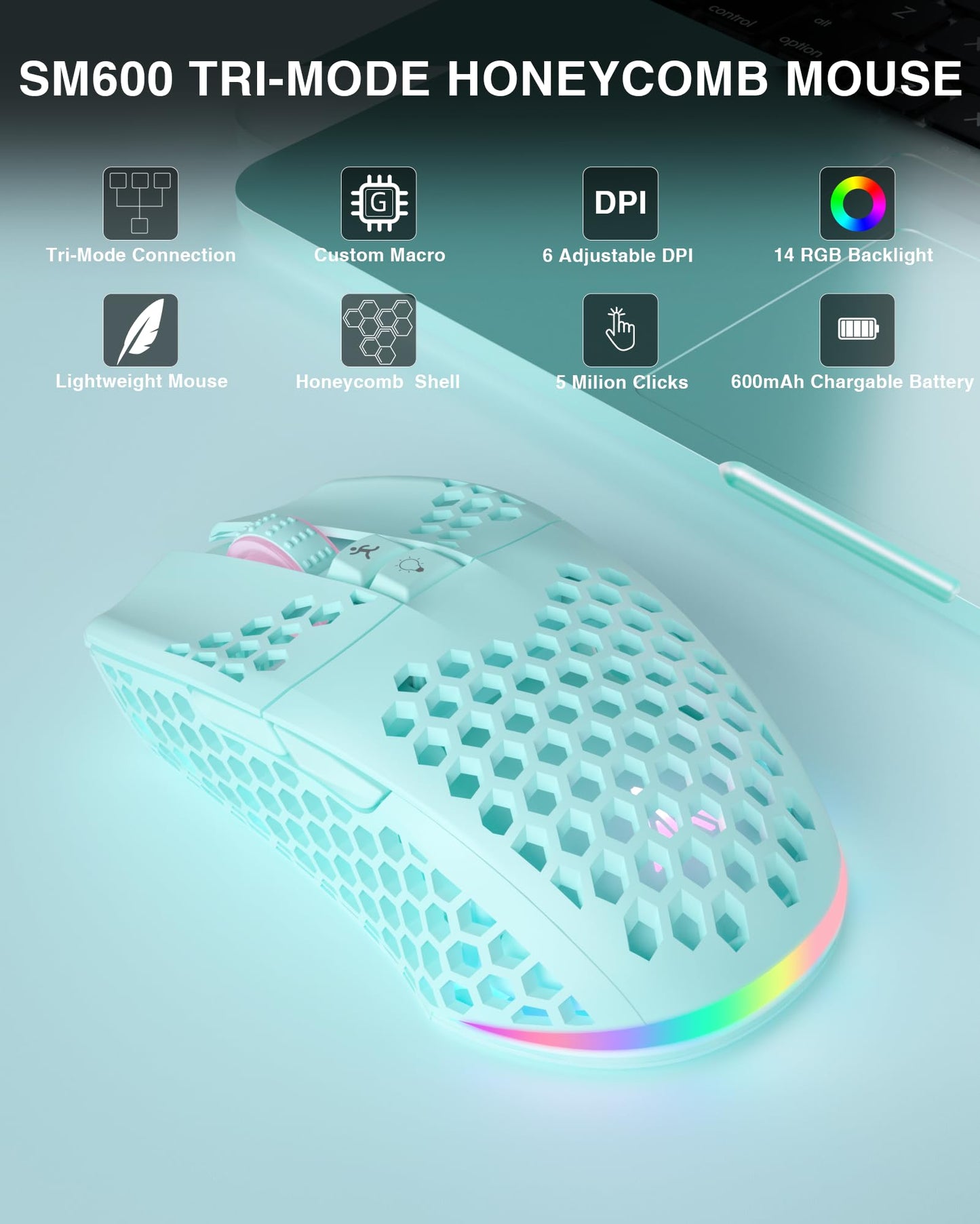 SOLAKAKA SM600 Honeycomb Shell Gaming Mouse Wireless,8000 DPI Tri-Modes BT5.1/2.4G Wireless/Type-C Wired Gamer Mouse with 2 Side Buttons, Macro Programmable and RGB Light for PC/Mac/Laptop,Green
