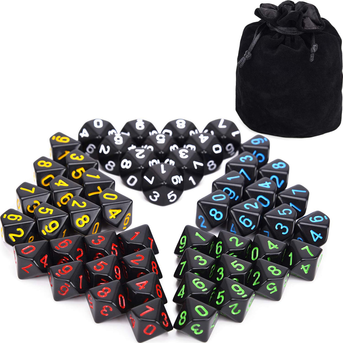 5 Sets New Black Polyhedral Dice with Satin-Lined Velvet Bag for Dungeons and Dragons DND RPG MTG D20 D12 D10 D8 D6 D4