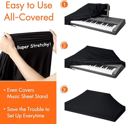 76 Keys Piano Keyboard Cover, Stretchy Music Dirt Proof Electronic Keyboard Cover With Durable Elastic & Cord Lock Must Have Piano Accessories, Black