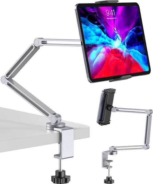 YICOSUN Tablet Stand for Desk - Heavy Duty Aluminum iPad Arm Mount with Super Grip Clamp, 360° Rotating Foldable Holder for 4.7-13" iPad, Kindle, Phone - Reading, Drawing, Video Call - Silver
