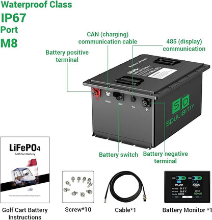 48V 105Ah LiFePO4 Lithium Golf Cart Battery, Built-in Smart 200A BMS, with Touch Monitor, Mobile APP, 4000+ Cycles Rechargeable Lithium Golf Cart Battery, Max 10.24kW Power Output for Golf Cart