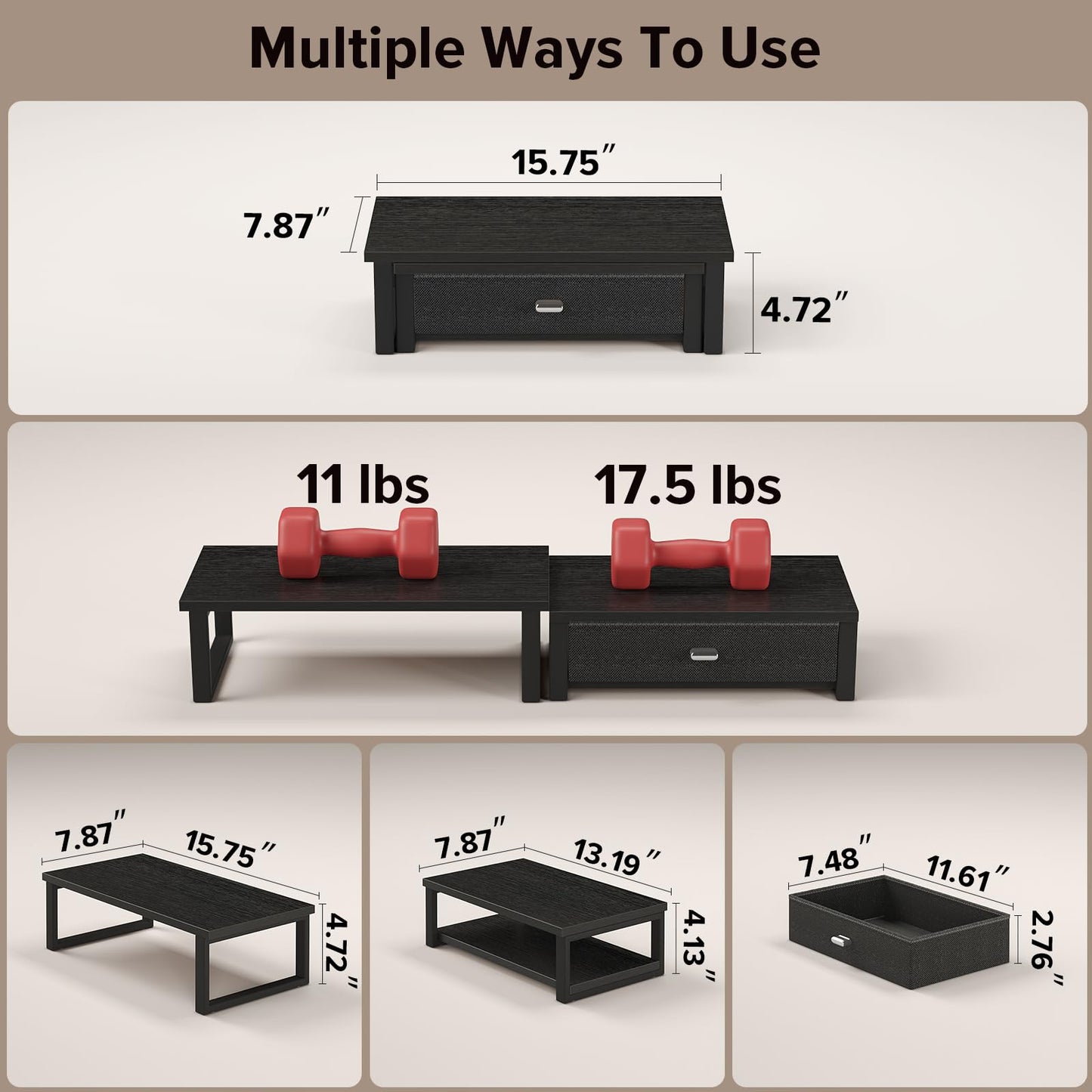 WOHOMO Dual Monitor Stand Riser with Drawers, Wood Desk Organizers for 2 Monitors, Desktop Storage Stand for Computer, Laptop, Black