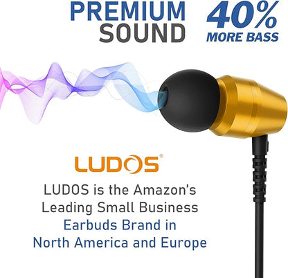 LUDOS OMNITONE Wired Earbuds in-Ear Headphones, 5 Year Warranty, Earphones with Microphone, 3.5 mm Jack Corded Ear Buds, Videoconference for iPhone, Samsung, Laptop, Kids, School Students - Gold