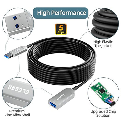 Elecan Active Optical USB 3.0 Extension Cable 75 FT Fiber Optic Type A Male to Female USB Extension Cord USB Extender 5Gbps Data Transfer for Webcam,Gamera, USB Hub, Keyboard, Hard Drive, Printer