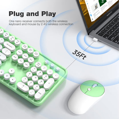 KNOWSQT Wireless Keyboard and Mouse Combo - White-Green Full-Sized 2.4 GHz 104 Keys Typewriter Keyboard, Flexible Round Keycap and Optical Mouse for Windows, Computer, PC, Laptop, Desktop, Mac