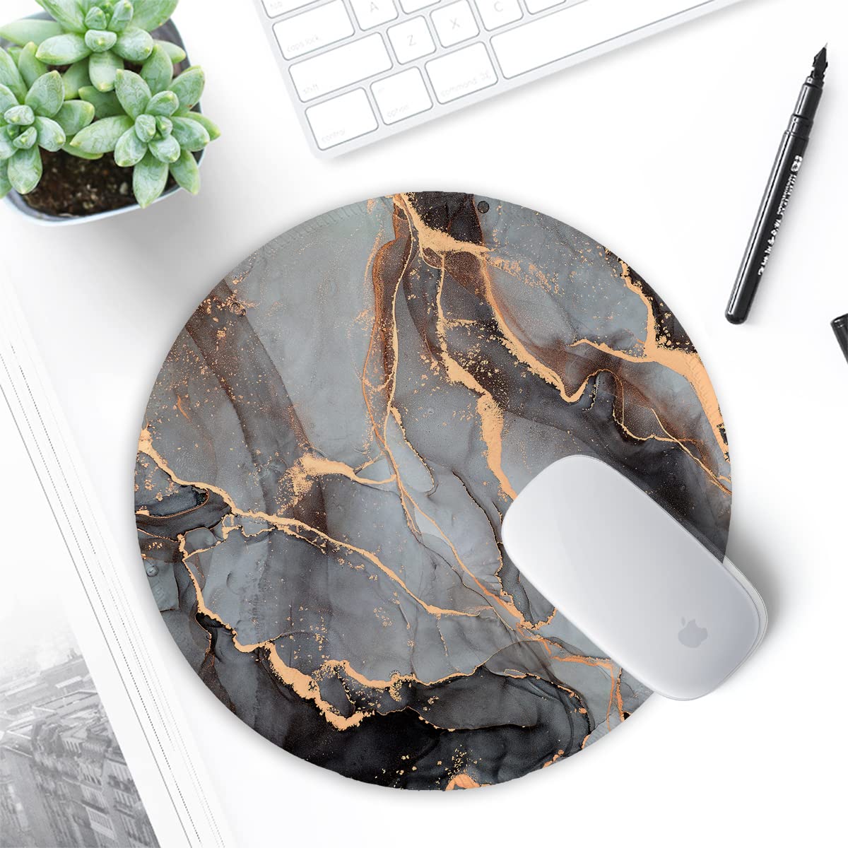 ITNRSIIET Round Mouse Pad with Stitched Edge Premium-Textured Waterproof Non-Slip Rubber Base Desktop Protection Mat Diameter 8.7 inches, Black Grey Marble