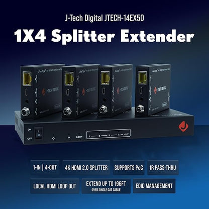 J-Tech Digital HDMI 2.0 4K 1x4 Splitter Extender Over Single Cable CAT6 with PoC Up to 196 FT 1-in 4-Out w/Local Loop Output & Low Latency [JTECH-14EX50]
