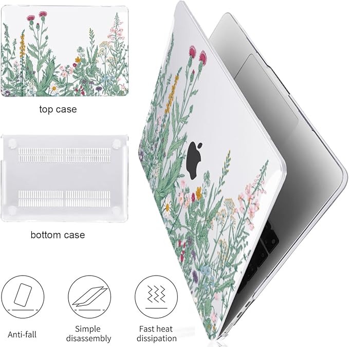 Compatible for MacBook Air 13.6 inch Case M4 M3 M2 2025 2024-2022 Release Model A3240 A3113 A2681, Printed Plastic Protective Hard Shell Cover for MacBook Air M4 13", Green Plants Flowers