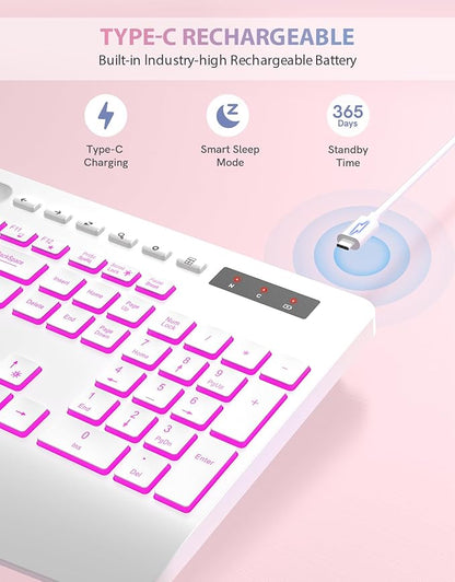 Trueque Wireless Keyboard with 7 Colored Backlits, Phone Holder, Wrist Rest, Rechargeable Ergonomic Keyboard with Silent Light Up Keys, Cordless Computer Keyboard for Windows, Mac, Laptop - (White)