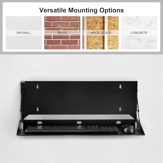 2 Pcs 24 Inch Keyboard Wall Mount Foldable Fits Standard Computer Keyboard Mouse Stand Tray Organizer for Small Offices Apartments, Easy Installation with 4 Screws (Black)