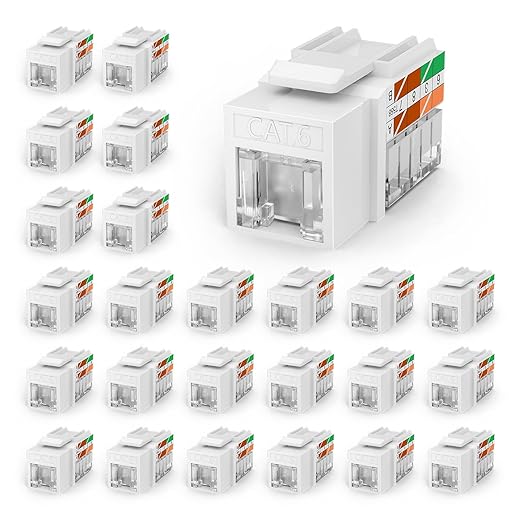 VCELINK RJ45 Cat6 Keystone Jacks, Dust-Proof Keystone Jacks,Slim Profile 25-Pack, 90-Degree Punch Down Ethernet Modular Jacks, UTP Keystone Jack Adapter, White