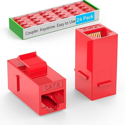 CAT6 RJ45 Keystone Coupler (24 Pack), Cat6 Keystone Jack Female to Female, Cat 6 Inline Keystone Jacks for Wall Plate & Patch Panel, RJ45 Ethernet Coupler Red