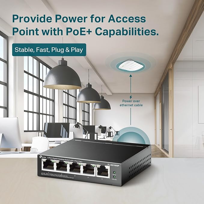 TP-Link TL-SG1005P, 5 Port Gigabit PoE Switch, 4 PoE+ Ports @65W, Desktop, Plug & Play, Sturdy Metal w/ Shielded Ports, Fanless, QoS & IGMP Snooping