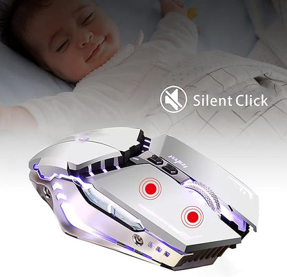 TENMOS T12 Wireless Gaming Mouse Rechargeable, 2.4G Silent Optical Wireless Computer Mice with Changeable LED Light for Laptop PC, 7 Buttons, 3 Adjustable DPI (Silver)