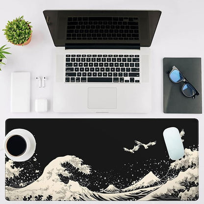 Mouse Pad Large White Wave Non-Slip Gaming Desk Mat with Stitched Edge Laptop Keyboard Desk Pad for Work Home Gaming (35.4 x 15.7 Inches)