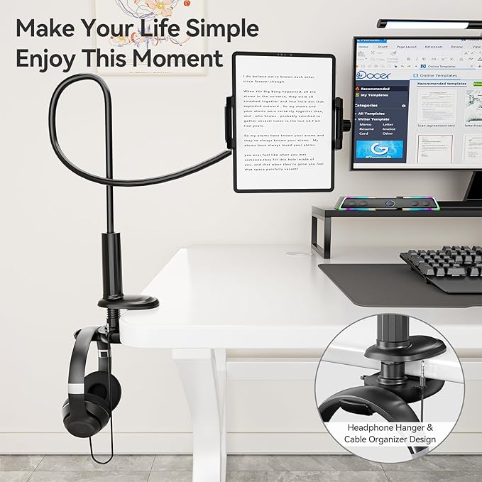 KDD Gooseneck Tablet Stand, 360° Adjustable Phone & iPad Holder for Bed and Desk, Flexible Arm Mount Clip for Video Recording, Bedside & Headboard Clamp for iPad Pro 12.9, Mini, Switch