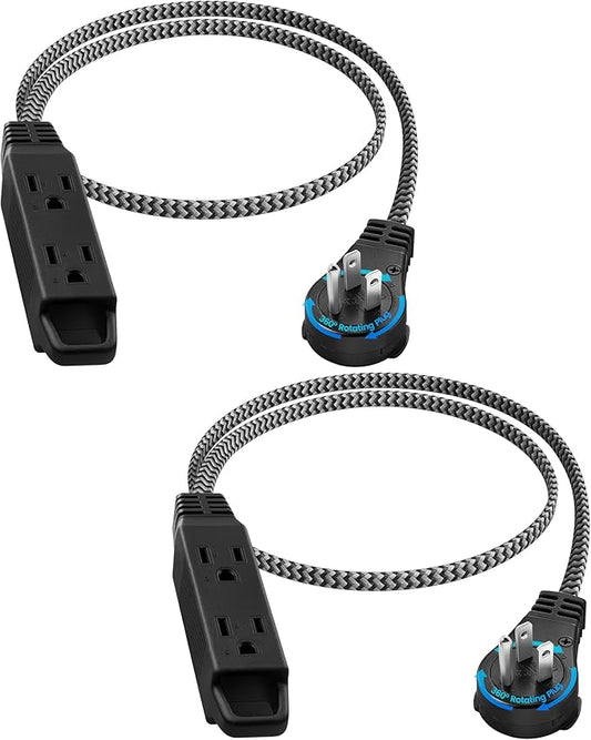 SURAIELEC 2-Pack Flat Extension Cord 3FT, 360° Rotating Plug, Braided Flat Plug with 3 Outlets, 16 AWG Thin Black Extension Cord for Indoor Use, Home, Office, Compact Spaces, ETL Listed