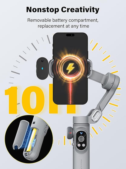 Gimbal Stabilizer for Smartphone AI Tracking(No App), 3-axis Gimbal with OLED Display/Built-in Light, Stabilizer for iPhone&Android, AOCHUAN X Pro Grey AI Version