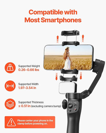 VEVOR Gimbal Stabilizer for Smartphone, 3-Axis Stabilization, Phone Gimbal for Android & iPhone with Magnetic Fill Light, Face Tracking, Gesture Control, Phone Stabilizer for Video Recording Vlogging