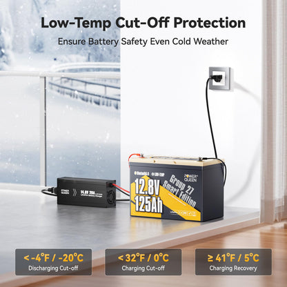 Power Queen 12.8V 125Ah Bluetooth LiFePO4 Battery, Group 27 Size &1600Wh Energy, Deep Cycle Lithium Battery with Low-Temp Cut Off, Perfect for RV, Marine, Off-grid, Solar System, Backup Power