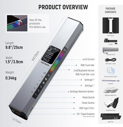NEEWER RGB1 LED Tube Light Stick with Metal Barndoor, Handle, Touch Bar/APP Control, Magnetic Handheld RGB Video Light, 3200K-5600K CRI98+ Dimmable Photography Lighting with 6400mAh Battery, 17 Scenes