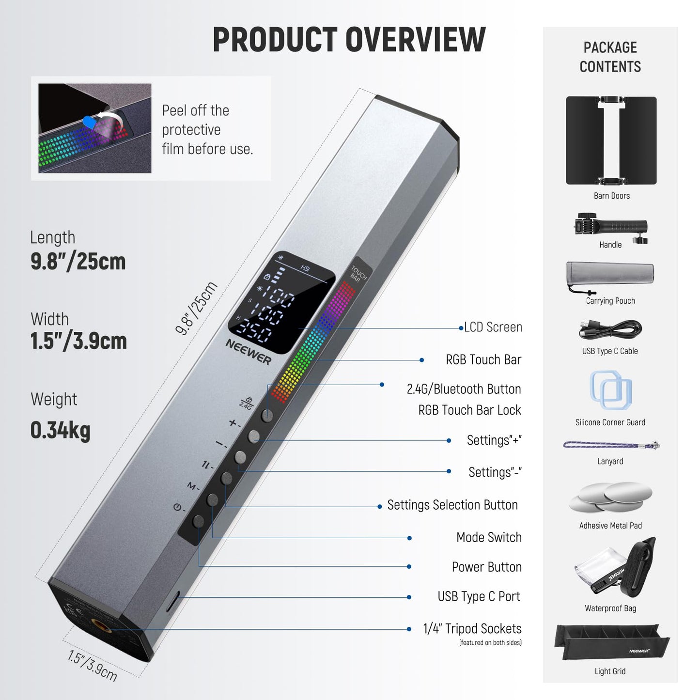 NEEWER RGB1 LED Tube Light Stick with Metal Barndoor, Handle, Touch Bar/APP Control, Magnetic Handheld RGB Video Light, 3200K-5600K CRI98+ Dimmable Photography Lighting with 6400mAh Battery, 17 Scenes