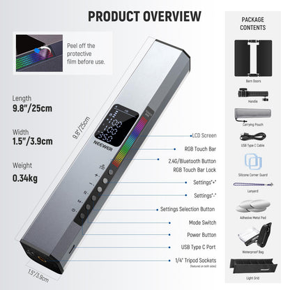 NEEWER RGB1 LED Tube Light Stick with Metal Barndoor, Handle, Touch Bar/APP Control, Magnetic Handheld RGB Video Light, 3200K-5600K CRI98+ Dimmable Photography Lighting with 6400mAh Battery, 17 Scenes