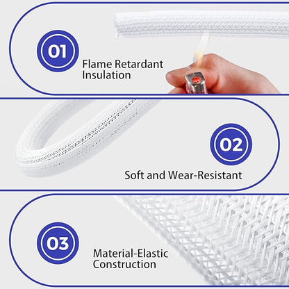 Cable Management Sleeves 1.5in - 2 Pack 4.1ft Split Braided Cable Sleeve White, Wire Organizers for Cords, Hard PE Cord Protectors from Pets, Flexible Cord Wrap Wire Sleeve for Computer Cord Organizer