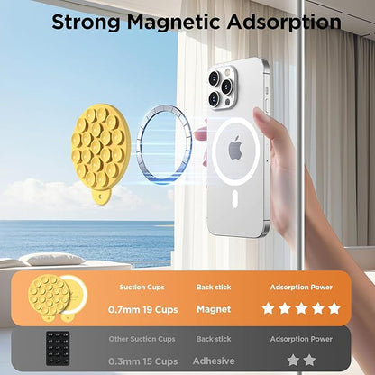 Magnetic Suction Cup Phone Mount for MagSafe Case, Silicone Hands-Free Grip Holder for iPhone and Android, Mirror Shower Phone Stand for Makeup FaceTime Gym Kitchen Bathroom, Yellow