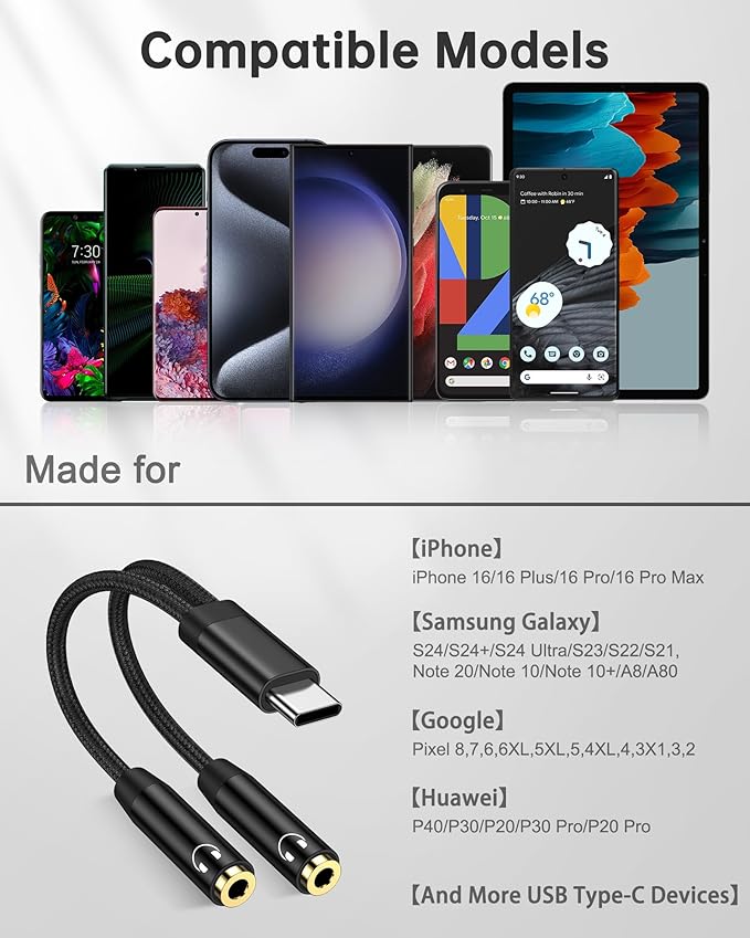 Headphone Splitter for 2 Headphones, USB C to Dual 3.5mm Female Aux Splitters for iPhone 17 17 Pro 16e, Google Pixel 10, Samsung Galaxy S25 Ultra, Audio Jack Adapter Earphone Connector - Black