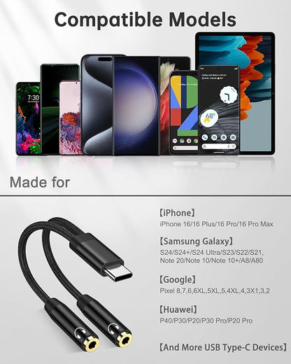 Headphone Splitter for 2 Headphones, USB C to Dual 3.5mm Female Aux Splitters for iPhone 17 17 Pro 16e, Google Pixel 10, Samsung Galaxy S25 Ultra, Audio Jack Adapter Earphone Connector - Black