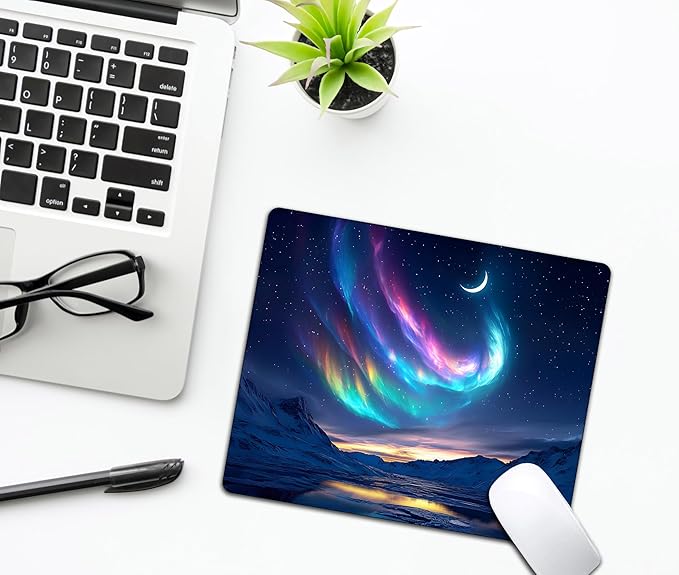 Night Sky Aurora Mountains Mouse Pads for Desk, Portable Wireless Computer Mouse pad Small Design with Women, Non-Slip Rubber Base Laptop Mousepad 9.5" x 7.9" Smooth Surface for Office & Travel