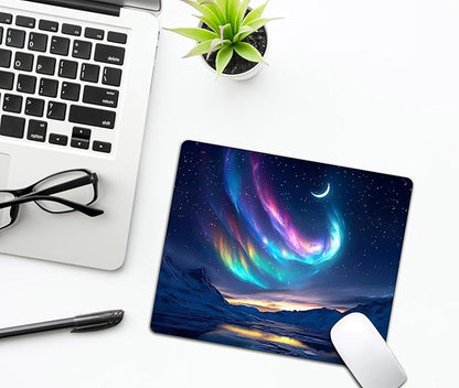 Night Sky Aurora Mountains Mouse Pads for Desk, Portable Wireless Computer Mouse pad Small Design with Women, Non-Slip Rubber Base Laptop Mousepad 9.5" x 7.9" Smooth Surface for Office & Travel