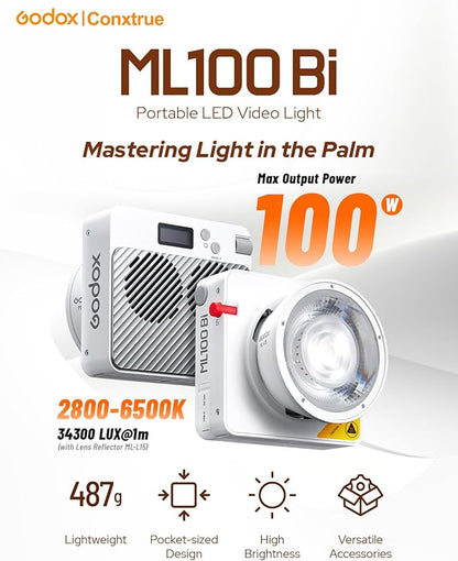 Godox ML100Bi 120W Bi-Color LED Video Light, 2800K-6500K COB Continuous Output Lighting with Reflector, Adapter for Filmmaking, Live Streaming, Video and Studio Photography