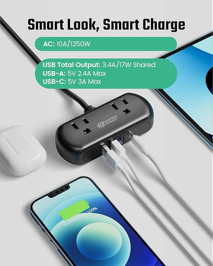 Power Strip with USB, SUPERDANNY Mini Surge Protector with 2 Wide-Spaced Outlets, 3 USB-A 1 USB-C, 5 Ft Extension Cord, Flat Plug, Compact Size Desktop Charging Station Travel, Home, Office, Black