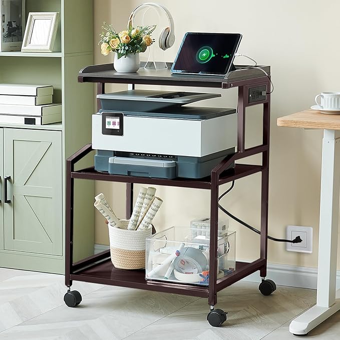 Lauren&Harold 34'' Printer Stand with Power Outlets & USB Ports, 3-Tier Adjustable Rolling Cart, Heavy Duty 150LBS Storage Table with Wheels for Office, Kitchen, Living Room, Bronze