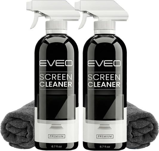 EVEO® Screen Cleaner Spray Kit (Streak-Free) TV Screen Cleaner for Smart TV, LCD, LED, OLED | Computer Screen Cleaner Spray and Wipe Microfiber Cloth - TV, Monitor, Laptop, iPad, Car - 6.7oz 2 Pack