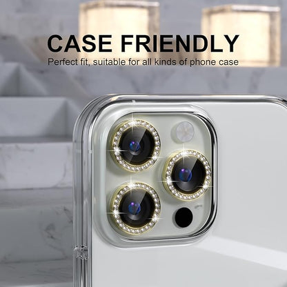Choiche Compatible for iPhone 16 Pro/iPhone 16 Pro Max Camera Lens Protector Bling, 9H Tempered Glass Camera Cover Screen Protector Metal Ring Decoration Accessories (Diamond-Gold)