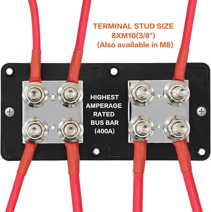 400A Bus Bar 8 M10 (3/8 inch) Terminal Studs Modular Design Tin Plated Copper Distribution Block Positive Pole Electrical Buss Bars 12-48 V DC with Cover for Trailer Marine Boat Car RV