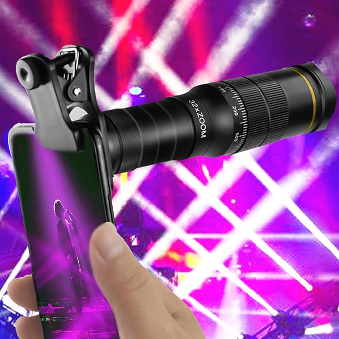 Phone Camera Lens Kit, 32X Long Focus Telephoto, Portable Clip-on HD Phone Zoom Telescope Lens, 0.63X Wide Angle Lens, 198° Fisheye Lens, with Universal Clip and Tripod, for Photo Videos
