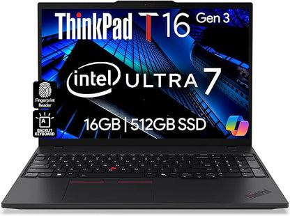 Lenovo ThinkPad T16 Gen 3 Business Laptop 16” FHD+ Display, Intel Ultra 7-155U (Beats i7-1355U), 16GB DDR5 RAM, 512GB SSD, 5MB Webcam, WiFi 6E + BT, RJ-45, HDMI, Win 11 Pro, AI Copilot - Black