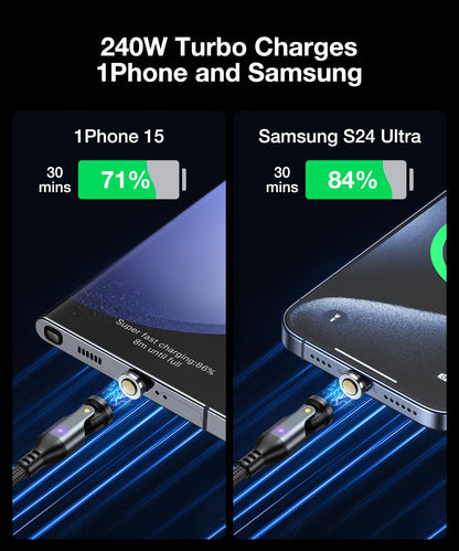 A.S Gen3 USB C Magnetic Charging Cable 240W (2Pack, 3.3ft/6ft), 9Pin Type C to Type C Magnet Charger Cable/360&180 Rotation Magnetic Phone Charger Data Cable for Phone 15/Samsung/M-Book/Pad Series