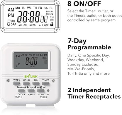 BN-LINK Digital Timer Outlet 7 Day Programmable Digital Outlet Timer with 2 Independent Outlets 3-Prong Mini Indoor Easy Set Stackable Plug-in for Lights Lamps Fans Accurate 8A/1000W 1/3HP