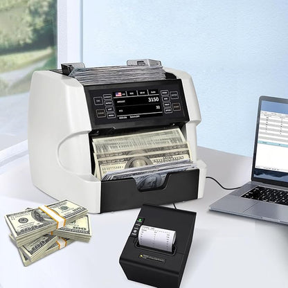 NUCOUN VC-3 Mixed Denomination Money Counter Machine, Value Counting, CIS/UV/IR/MG/MT Counterfeit Detection, USD/Euro/CAD/MXN, Printer Enable, White Cash Note Counter, Bill Counter for Business